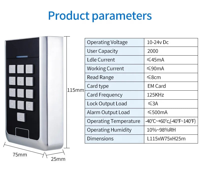 AW10-K-EM IP65 Waterproof Smart Security Door Lock System Metal Case Keypad RFID Proximity Card Wireless Access Control Kit
