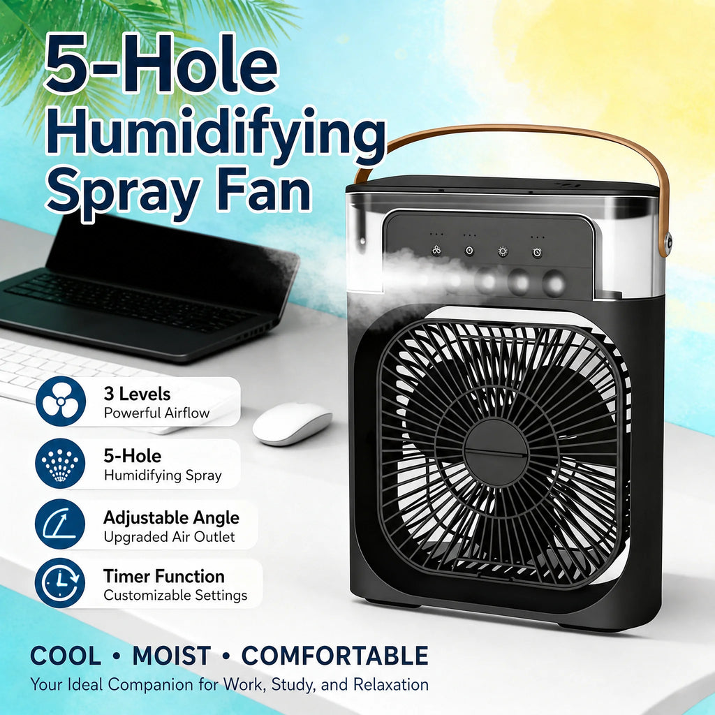 5 Holes Mist Humidifier Fan 3-Speed Adjustable 180 Wide-Angle Swing Timer LED Light Portable USB Rechargeable 1L Waterproof