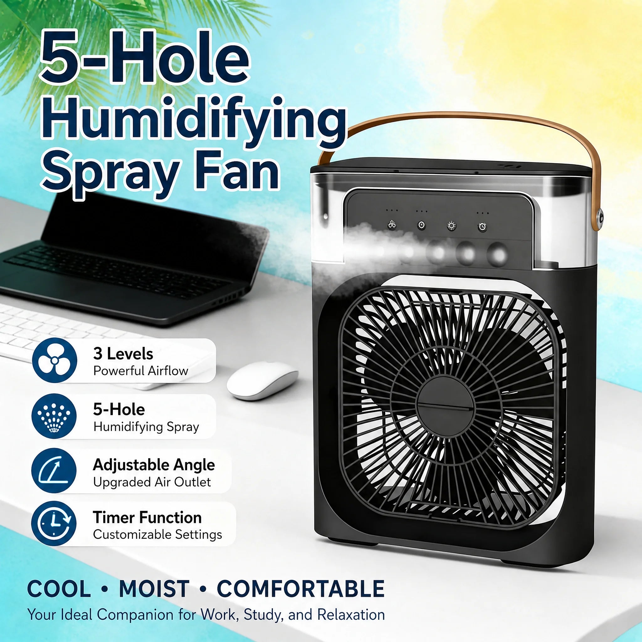 5 Holes Mist Humidifier Fan 3-Speed Adjustable 180 Wide-Angle Swing Timer LED Light Portable USB Rechargeable 1L Waterproof