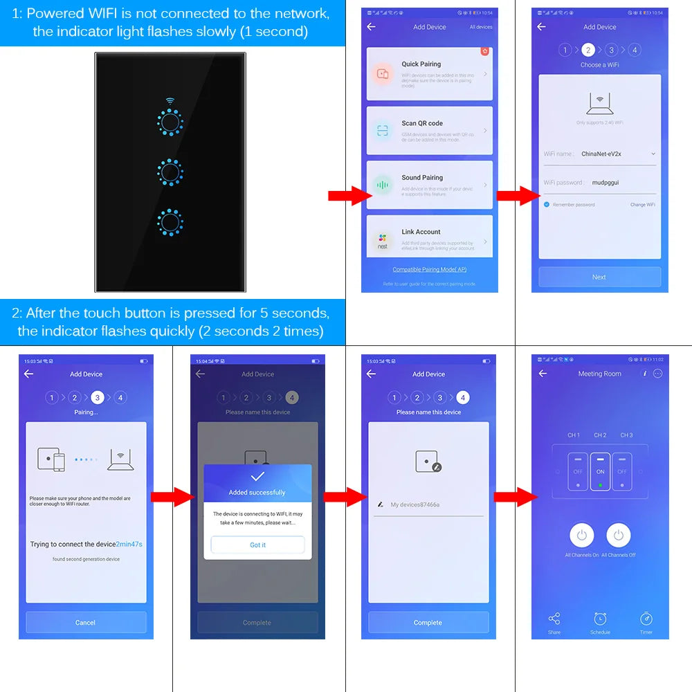 US Standard 1/2/3 Gang WiFi Smart LED Light Touch Switch Wall Panel Smart Home Switch Voice Control eWeLink Alexa