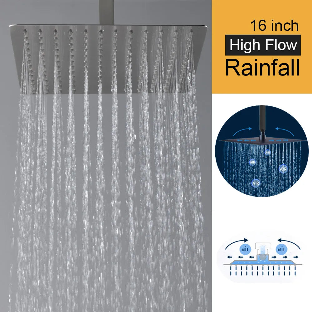 16-Inch Polished Brass Wall Mount Thermostatic Faucet Set with Slide Bar Soft Jet Rain Shower System