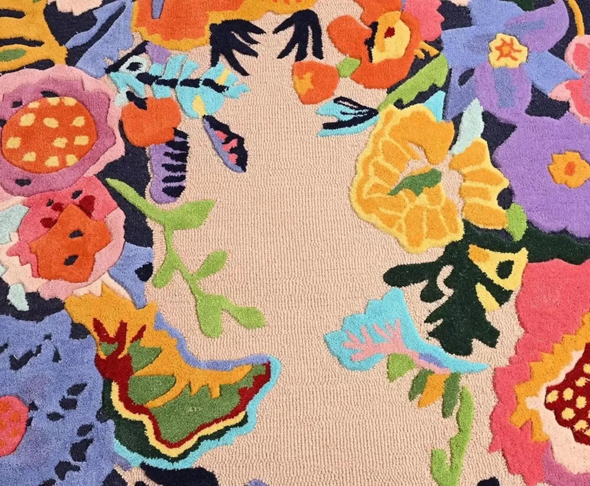 Creative Rugs Modern Wool Irregular Shape Customized High Quality Hand Tufted Flower Print Non-Slip Washable Latex Medium Rug