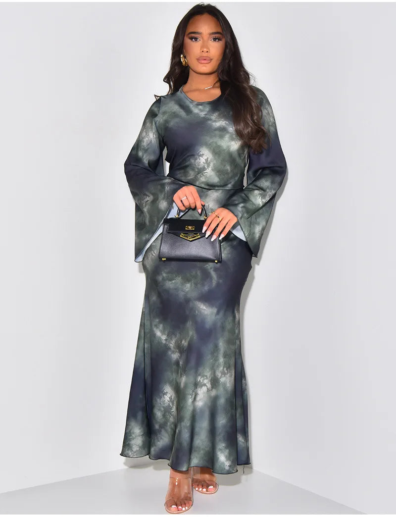 Liu Ming Hot Fashion Women Elegant Flare Long Sleeves Tie Dyed Printed Round Neck Slim Maxi Dress