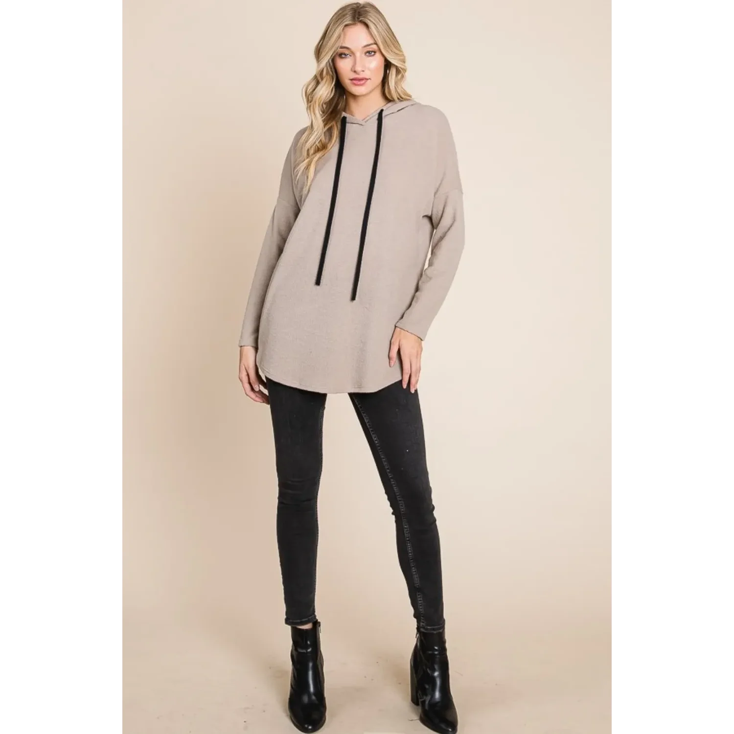 BOMBOM Women's Contrast Drawstring Drop Shoulder Knit Hoodie FCJ Collection