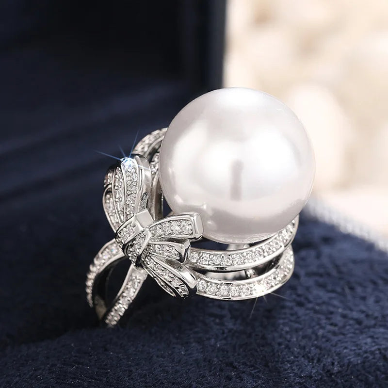 T0568 Women's Cocktail Ring Freshwater Pearl Bowknot Pave Setting Round Brilliant Cut Wedding Fashion Jewelry