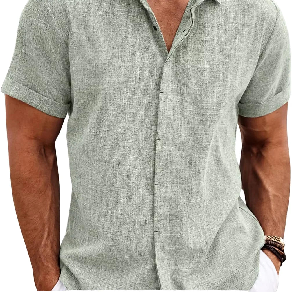 Men's Casual Button Down Shirt Short Sleeve Anti-Pilling Yarn Dyed for Beach Summer Wedding Knitted Weaving Method