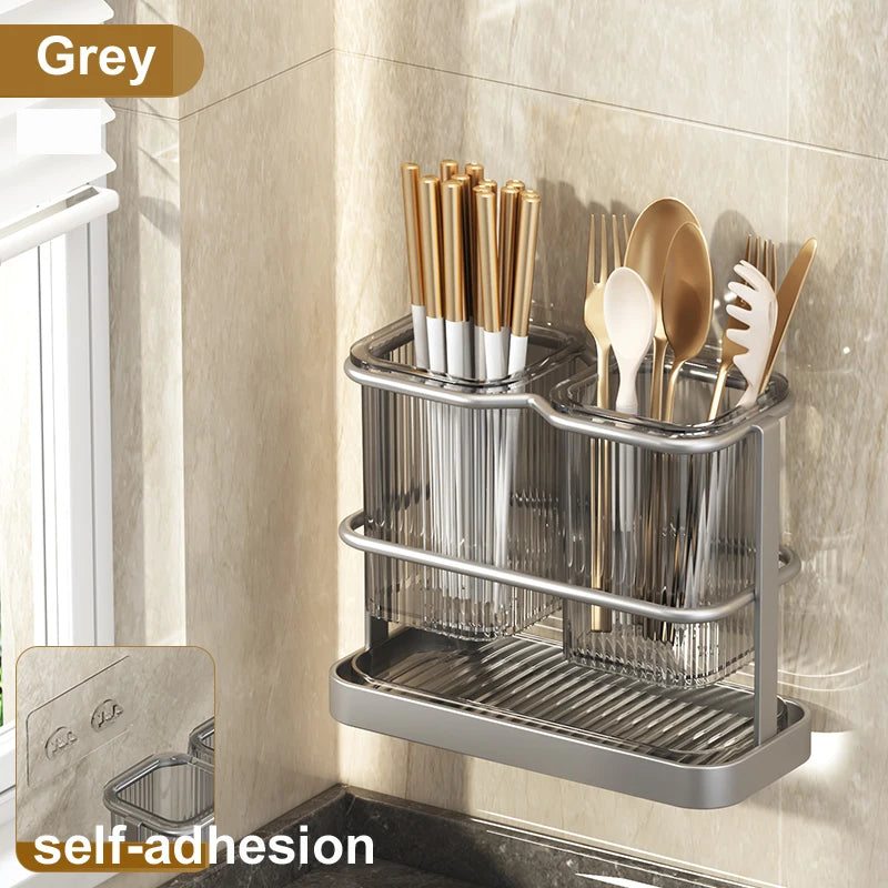 Wall Mounted Kitchen Cutlery Organizer Knife Spoon Fork Chopstick Drain Rack Drainer Utensil Kitchen Storage Punching Free NEW