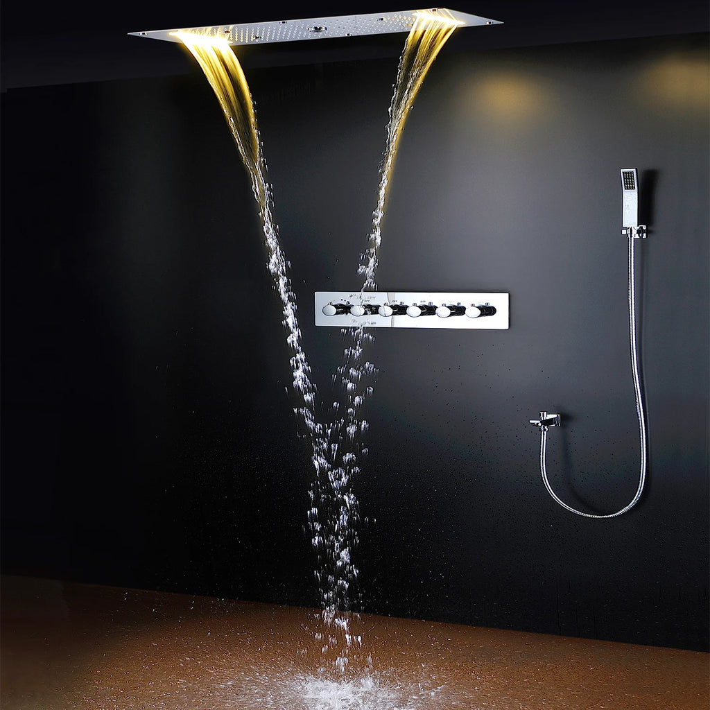 Bathroom LED Shower Set Ceiling Rainfall Waterfall Misty Shower Head Panel 380x700mm Thermostatic Mixer Diverter Faucets System