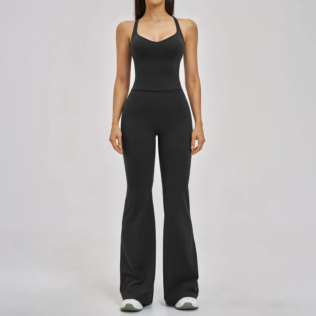 Four Way Stretch 2-Piece Yoga Set V Neck Yoga Tank Top Crisscross Back Slim Fit High Waist Flared Yoga Pants Gym Running Outfit