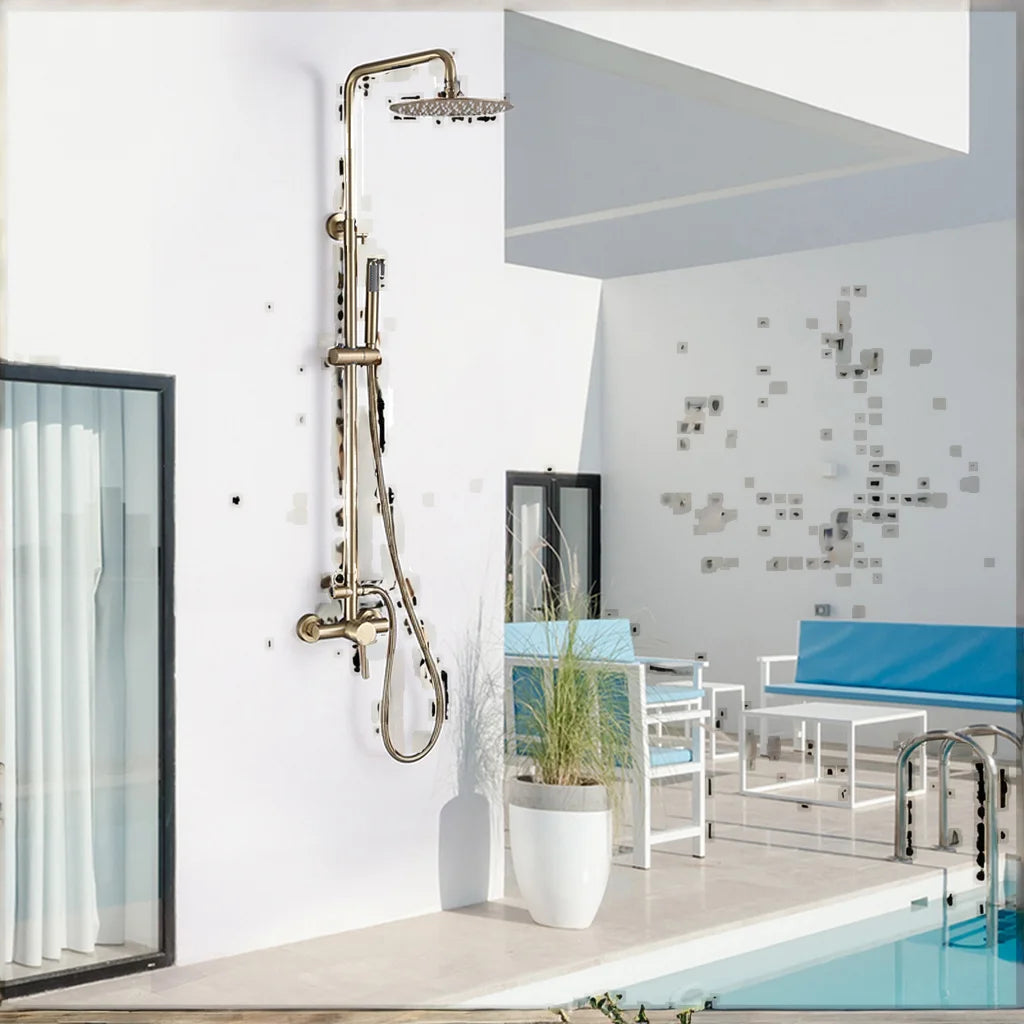 Wall Mounted Outdoor Shower Set Mixer System Brushed Gold Brass Dual Handle 10-Inch Rainfall Shower with Slide Bar for Pool