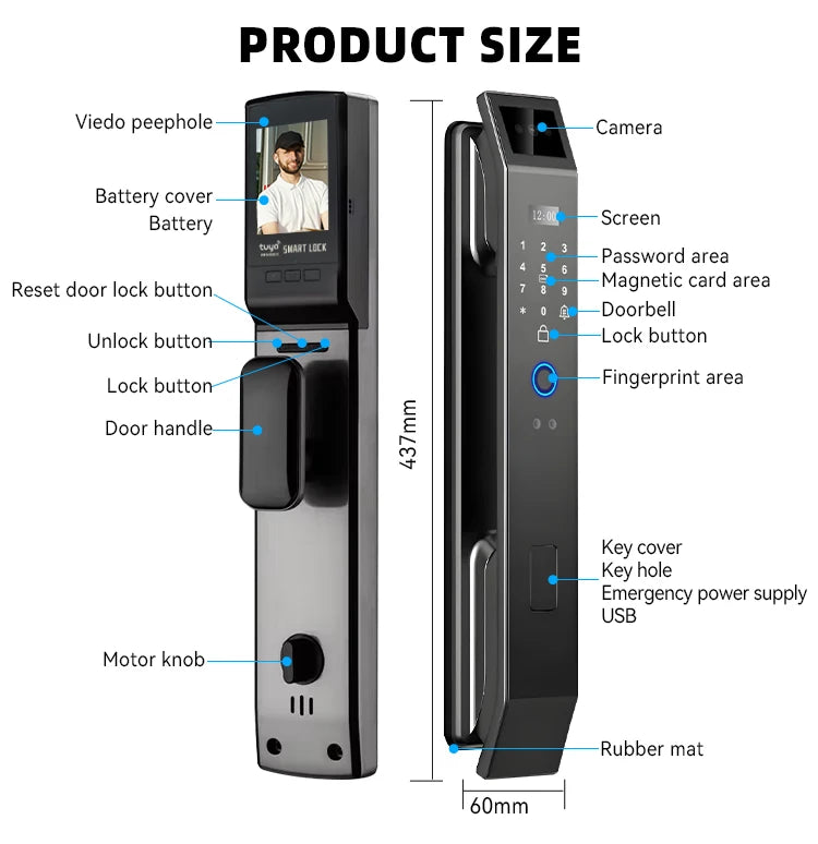 Home Electronic Keyless Digital Biometric Fingerprint Security Door Lock Smart Tuya 3D Face Recognition Smart Door