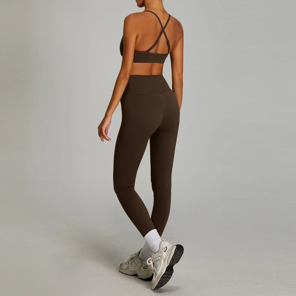 High Quality 2 Piece Cross V-shaped Waist Leggings Women Activewear Fitness & Yoga Wear Sports Bra Gym Fitness Sets