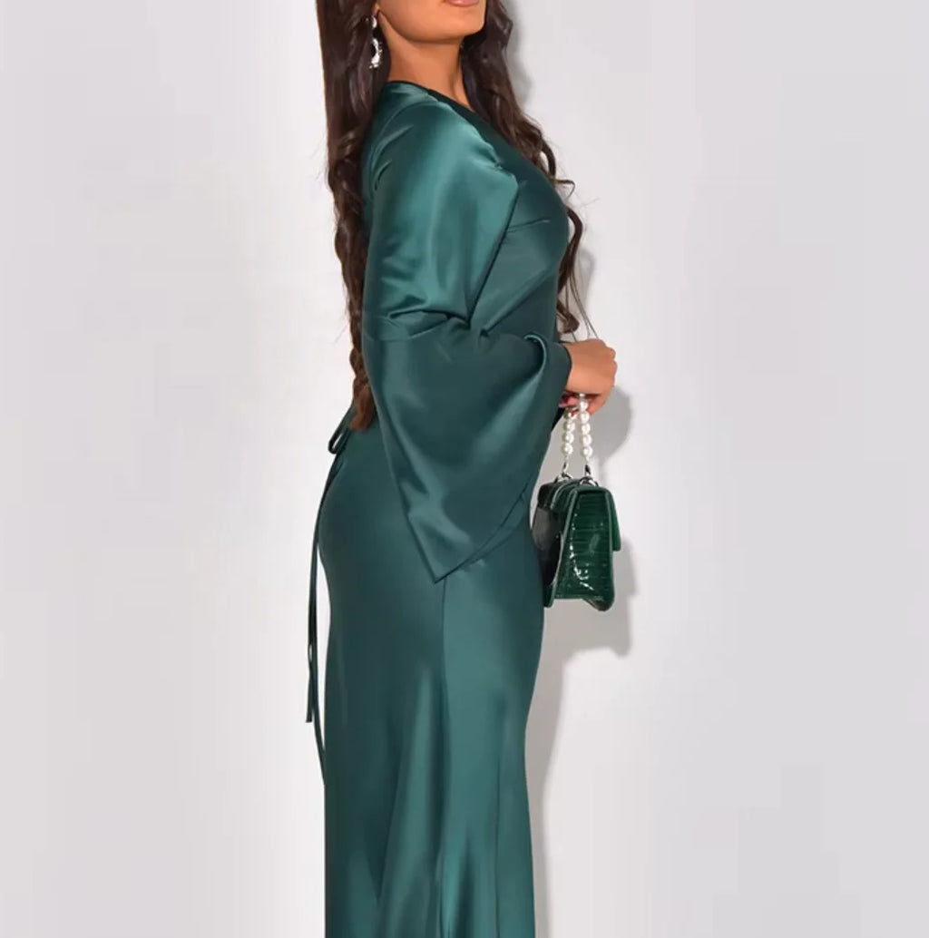 Liu Ming Hot Fashion Women Elegant Flare Long Sleeves Tie Dyed Printed Round Neck Slim Maxi Dress