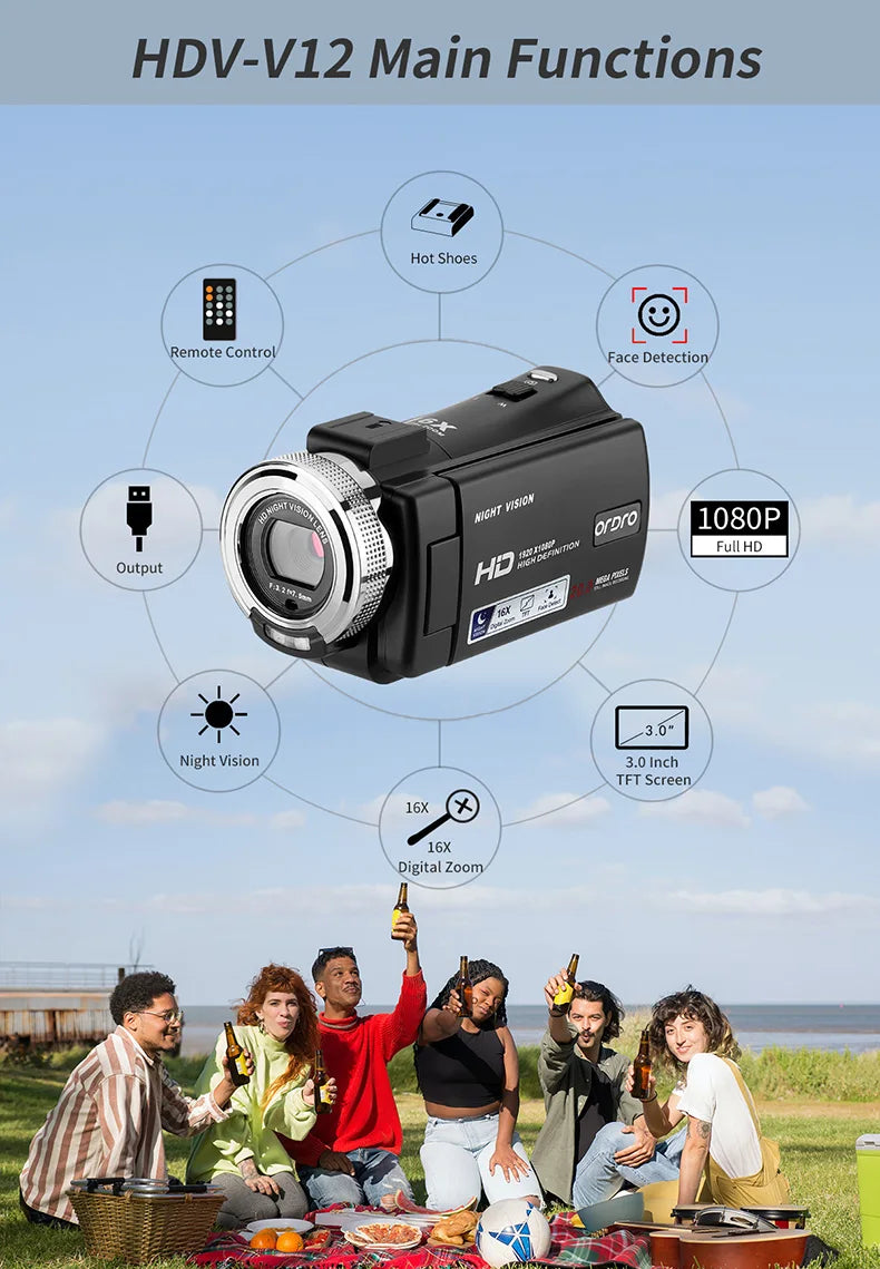 Video Camera Full HD 1080P Digital Camcorder Ordro V12 Infrared Night Vision Home Use Camara for Youtuber Beginner Vlogging