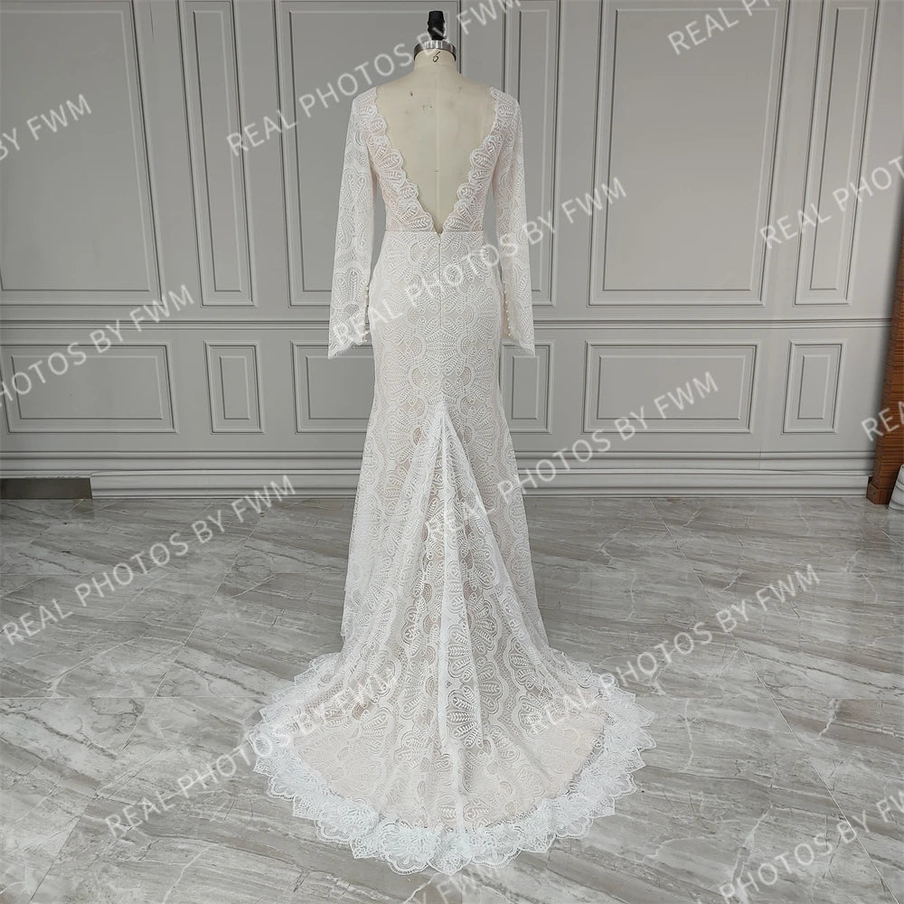 12476# Real Photo Front Slit V-neck Lace Wedding Dress Sweep Train Backless Mermaid Bride Gown for Women Bohemia