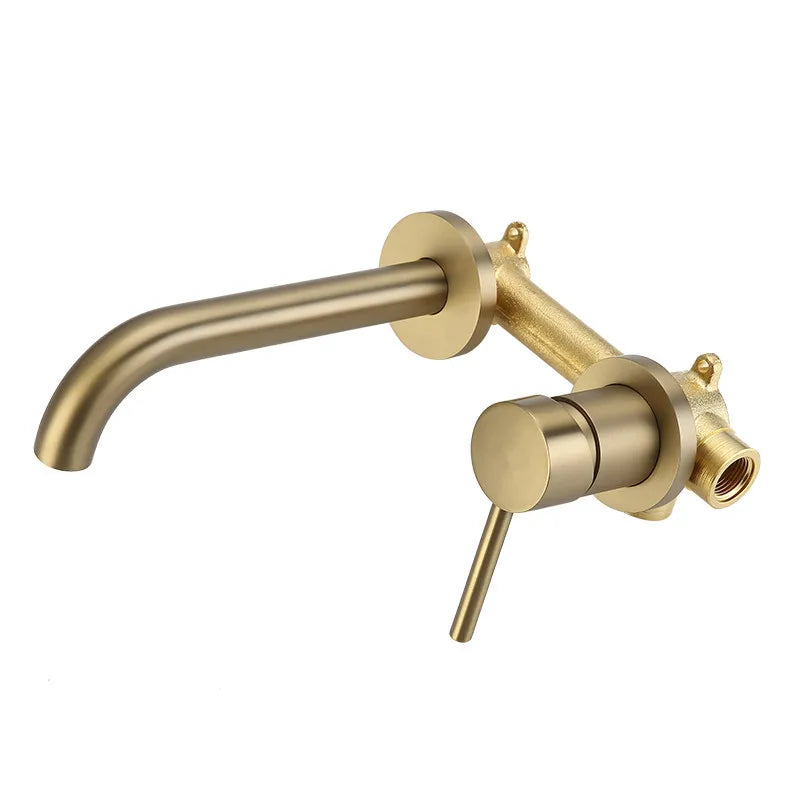 Wall Mounted Spout Basin Faucet Solid Brass Brushed Rose Gold Bathroom Bathtub Shower Mixer For Lavatory Sink Brushed gold Taps