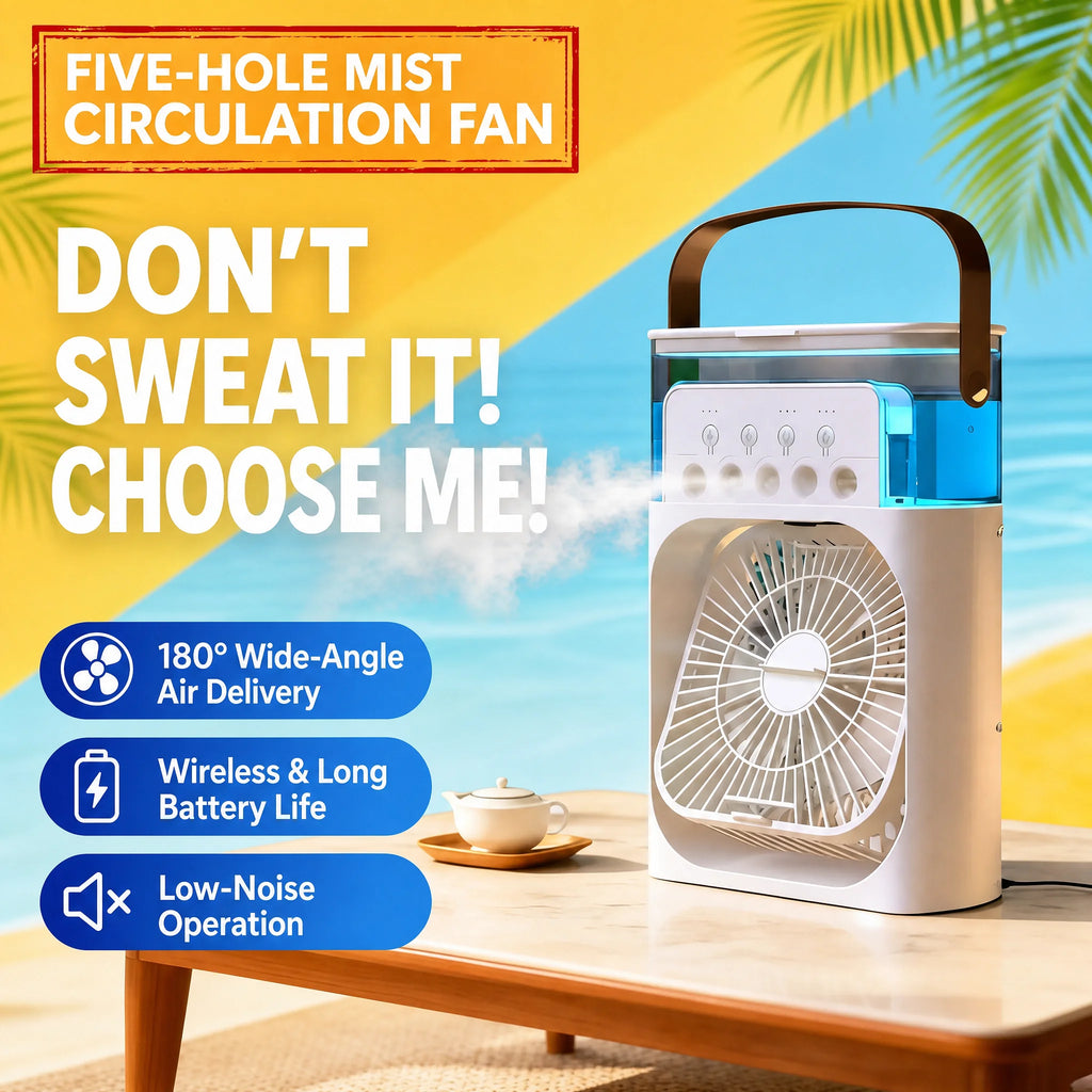 5 Holes Mist Humidifier Fan 3-Speed Adjustable 180 Wide-Angle Swing Timer LED Light Portable USB Rechargeable 1L Waterproof