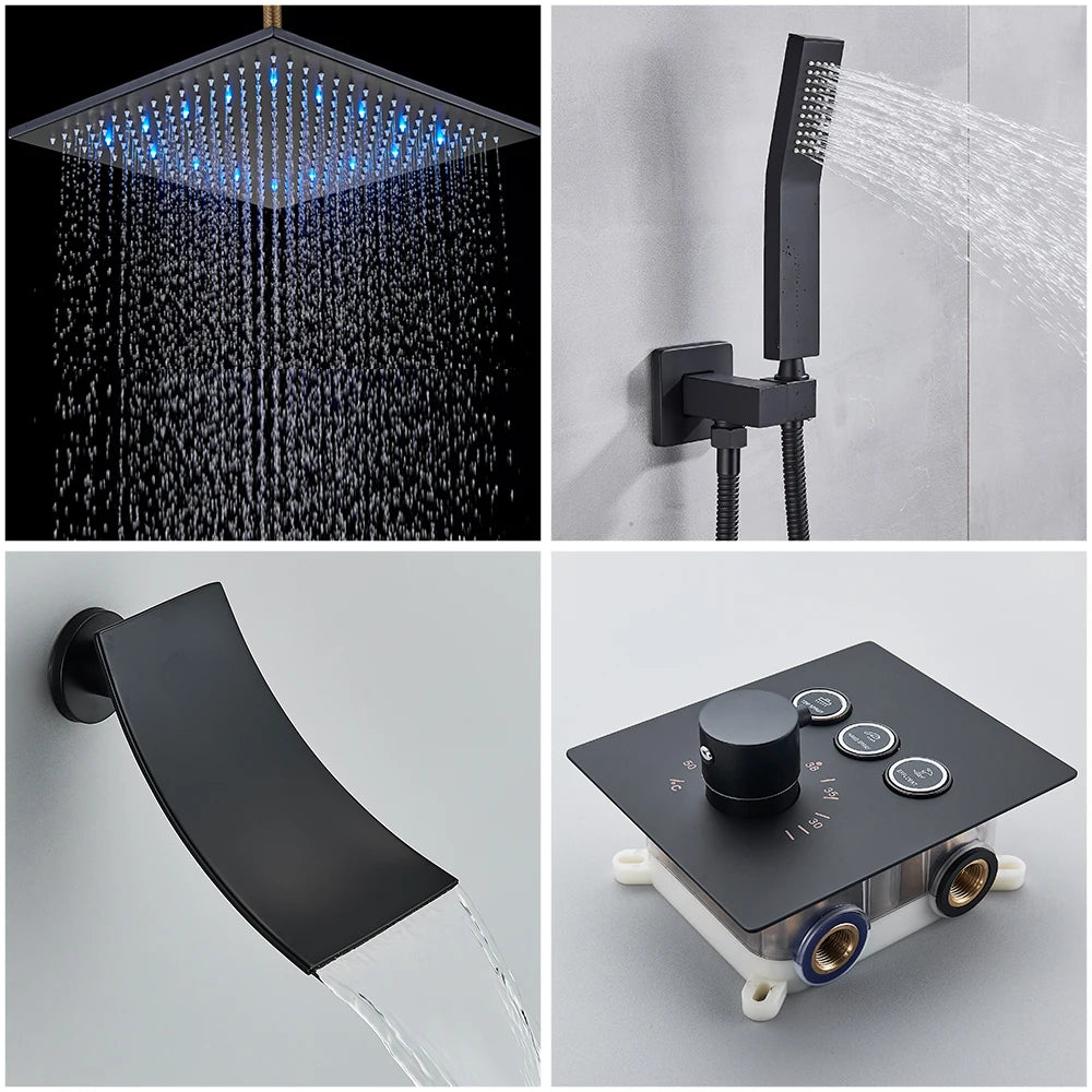 Luxury Black LED Thermostatic Shower Faucet Large Rain Waterfall Shower System Button Control Thermostatic Mixer Tap Bath Shower