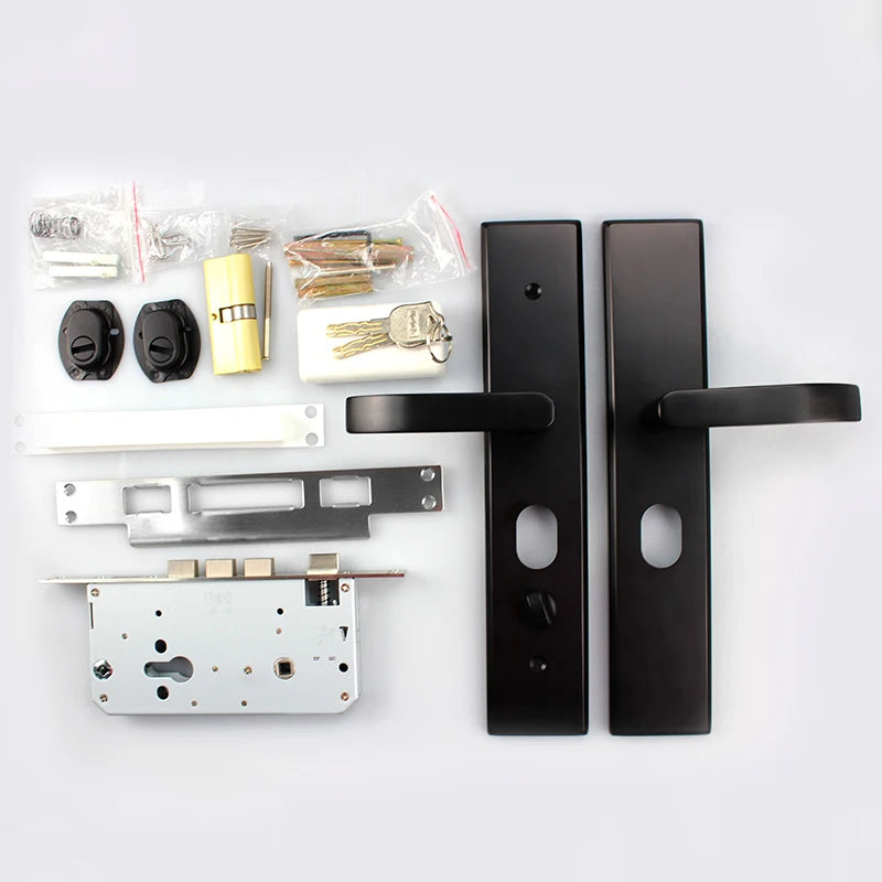 LELON Modern SUS 304 Lever Door Handle Lock Plate with Lock Cylinders Brushed Black Entry Door Lock