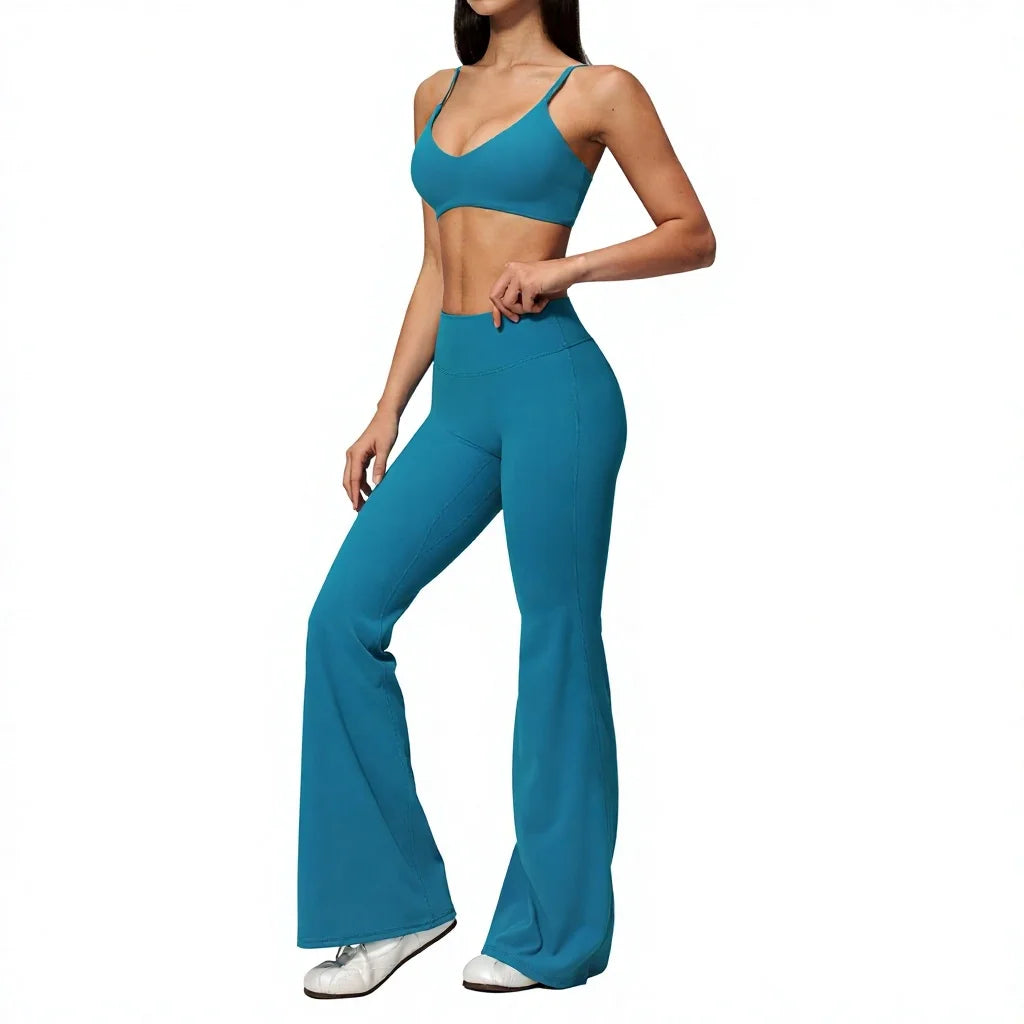 Textured Spandex/Nylon Workout Clothes Soft Sportswear Set Deep V-Neck High-Waisted Tummy-Control Solid Sweat-Wicking Two-Piece