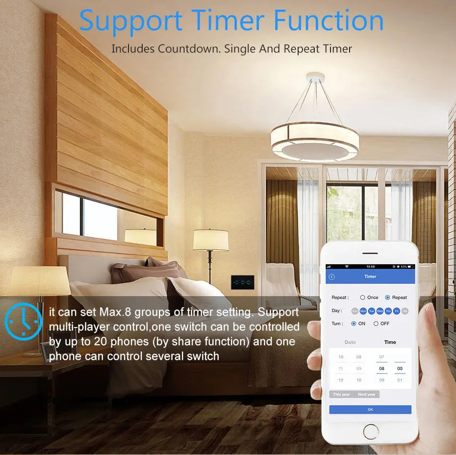 US Standard 1/2/3 Gang WiFi Smart LED Light Touch Switch Wall Panel Smart Home Switch Voice Control eWeLink Alexa