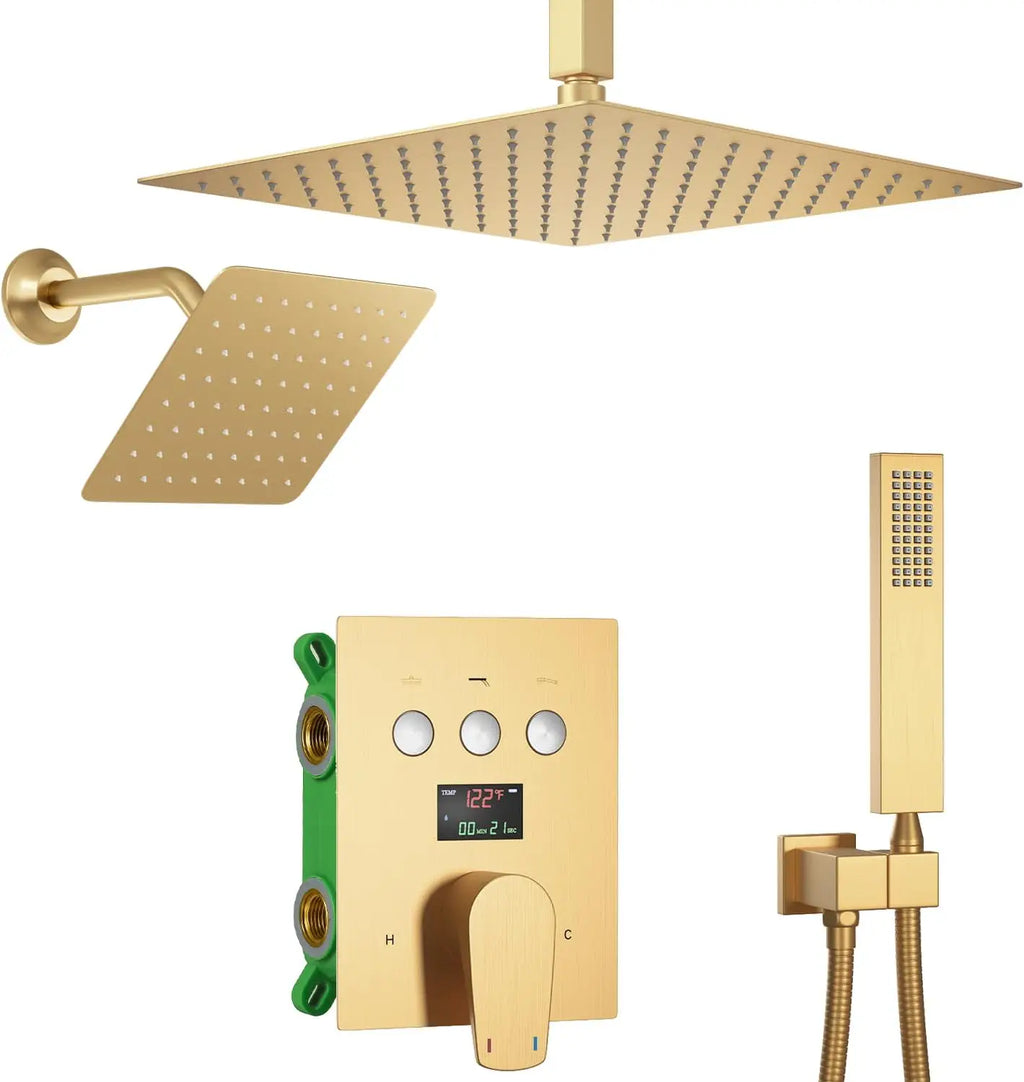 HONGDEC 3 Function  Rainfall Shower System Brushed Gold Bathroom Shower System Bathroom Shower Set