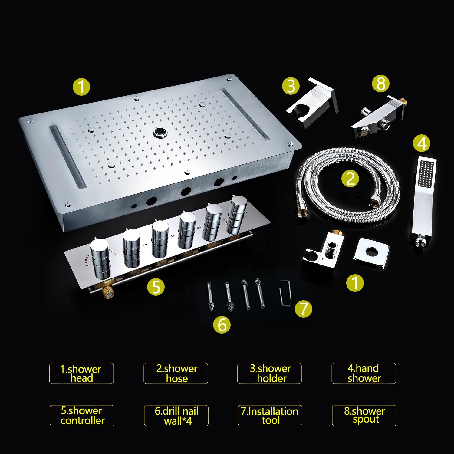 Bathroom LED Shower Set Ceiling Rainfall Waterfall Misty Shower Head Panel 380x700mm Thermostatic Mixer Diverter Faucets System