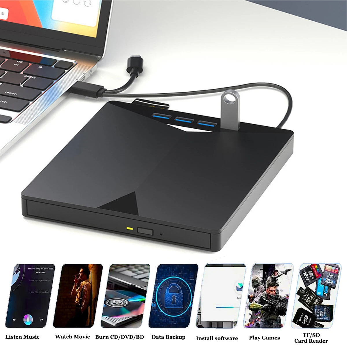 New Ultra-Thin USB 3.0 & Type-C External DVD Burner with TPEC Card Reader  Writer External DVD Driver