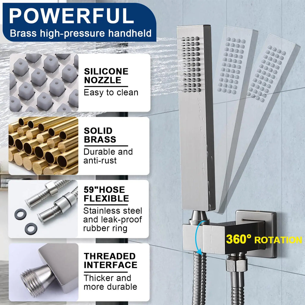 Concealed Thermostatic Shower System, Minimalist Wall Mounted Rainfall Shower Set with Mixer Tap, Brass Rain Shower Faucet