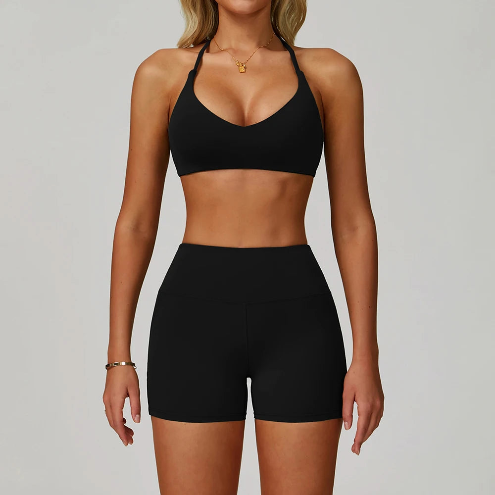 New Fashion Yoga Bra and Gym Leggings Shorts Set Custom logo Workout Flare Leggings Shorts Set for Women