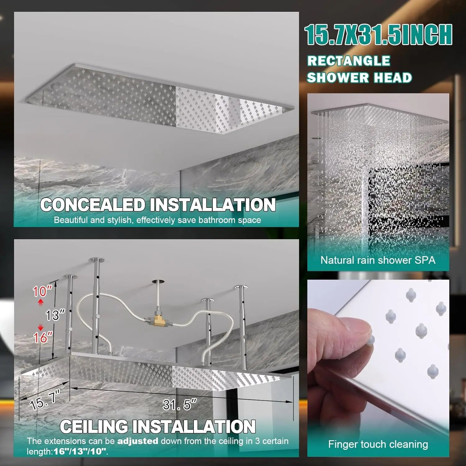 Dual Shower System 15.7x31.5" Rainfall Chrome Rain Shower Handheld Brass 6" Shower Heads Featuring 6pcs Body Jets Soft Spray