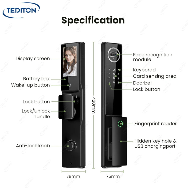 6068 Mortise Smart Door Lock Palm Vein Face Recognition with Camera Matter Tuya WiFi Fingerprint Password Card Key Security