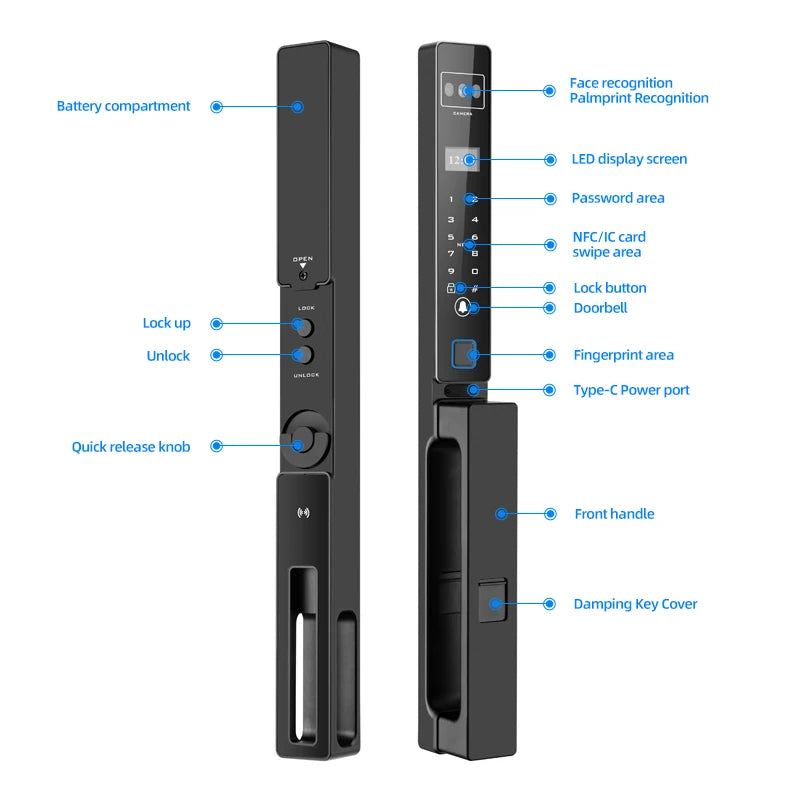 Face Recognition Fingerprint Hold Hands Lock Narrow Bezel Cell Phone Tuya Aluminum Door Code Lock Automatic Smart Door Lock