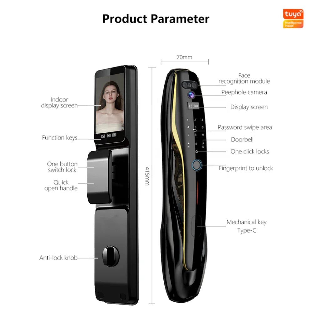 Eseye Tuya Face Recognition Smart Door Lock Digital Fingerprint Lock Automatic Lock Rfid Ic Card Wifi App Home Security DoorLock