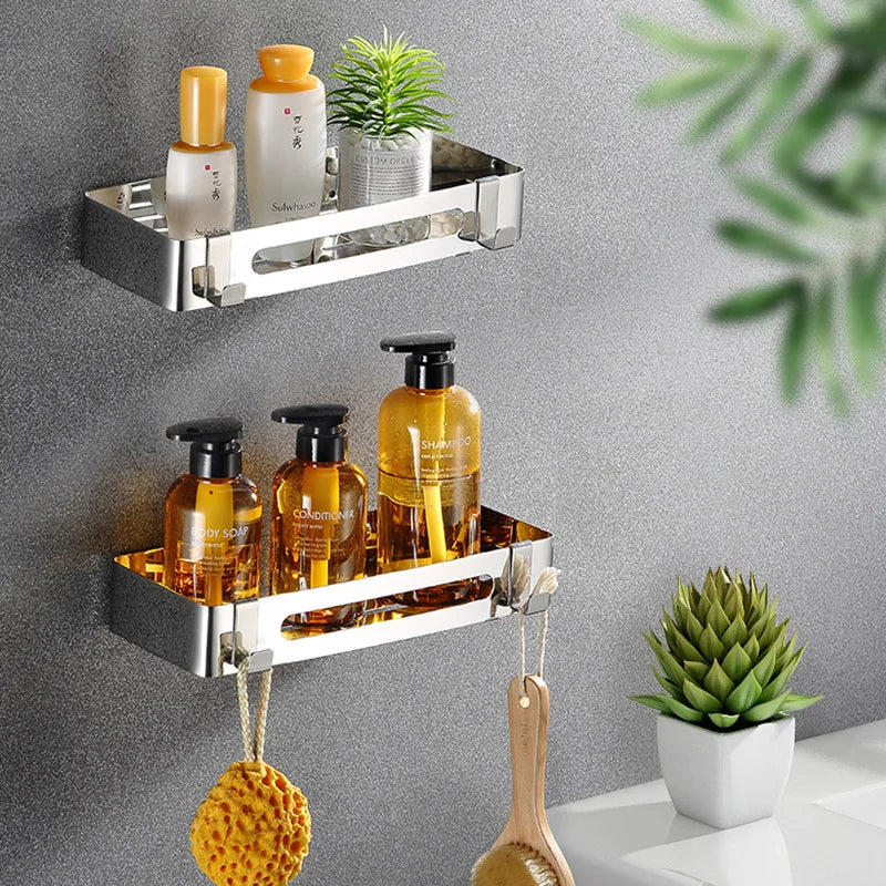Modern SUS304 Stainless Steel Bathroom Corner Shower Shelf with Hooks, Wall Mounted Self-Adhesive Organizer Rack