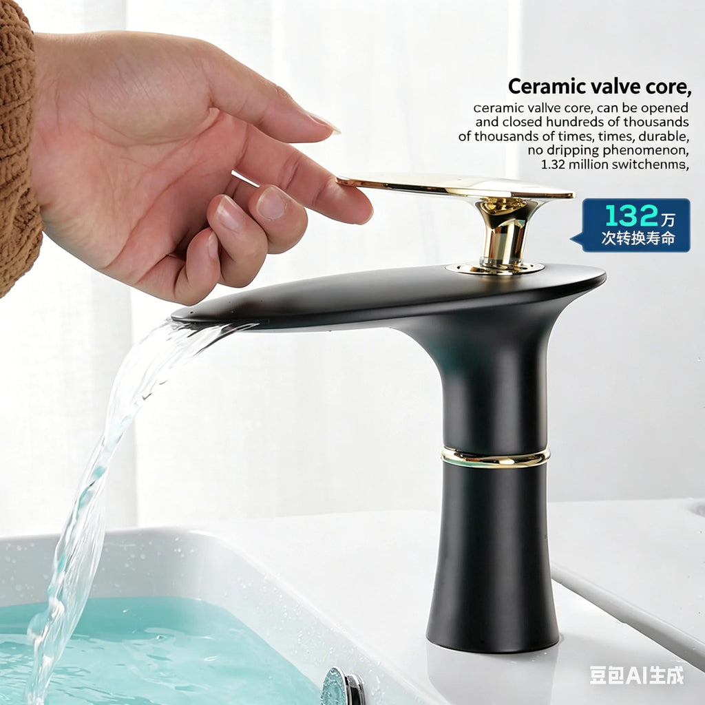 Modern Brass Chrome Finish Deck Mounted 1-Hole Single Handle Waterfall Spout Bathroom Sink Faucet with Ceramic Valve Core