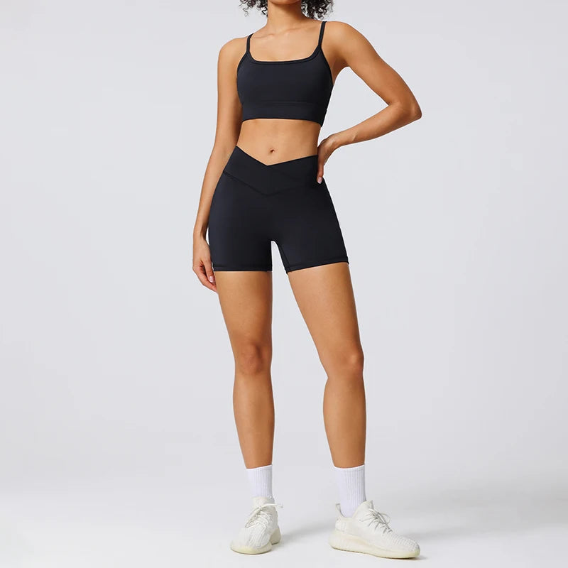 Tiktok Hot Female Quick-Drying Training Shorts Bra Set Sexy Sports Bra Crossover Waist Women Workout Shorts 2 Piece Gym Yoga Set