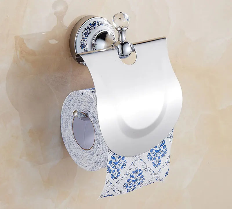 European Antique Blue and White Porcelain Chrome Finish Bathroom Hardware Set Silver&Crystal Towel Rack Bar Hook Basket Rack 5