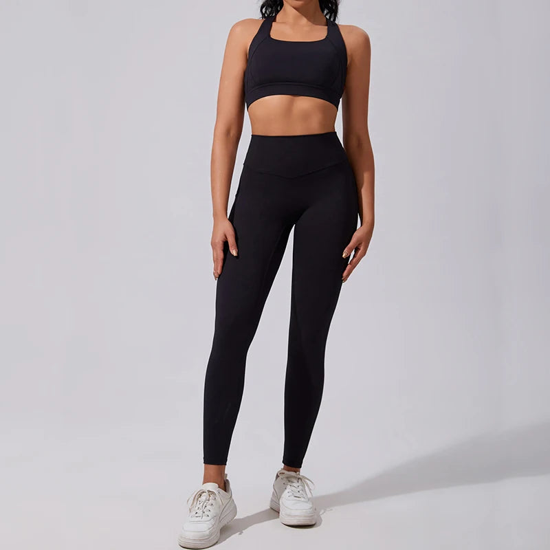 Workout Yoga 2-Piece Set Solid Eco-Friendly Spandex/Nylon Quick Dry Sports Bra High-Waisted Tummy Control Leggings for Women Gym