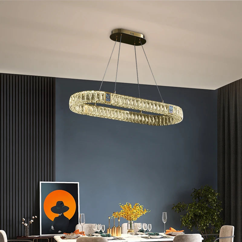 Contemporary Fashion Creative Ring Pendant Light Luxury Long/Middle Crystal Chandelier Adjustable Height for Restaurant Living