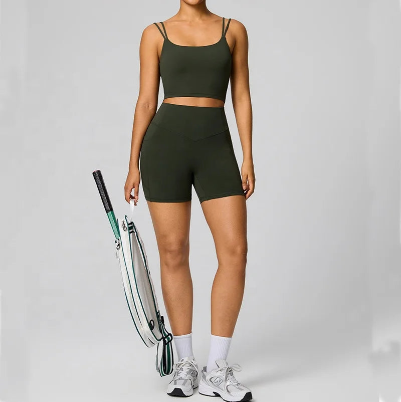 Women's High Waist Tummy Control Yoga Shorts Leggings Twist Backless Sports Bra 2 Piece Gym Fitness Set Workout Sportswear Suit