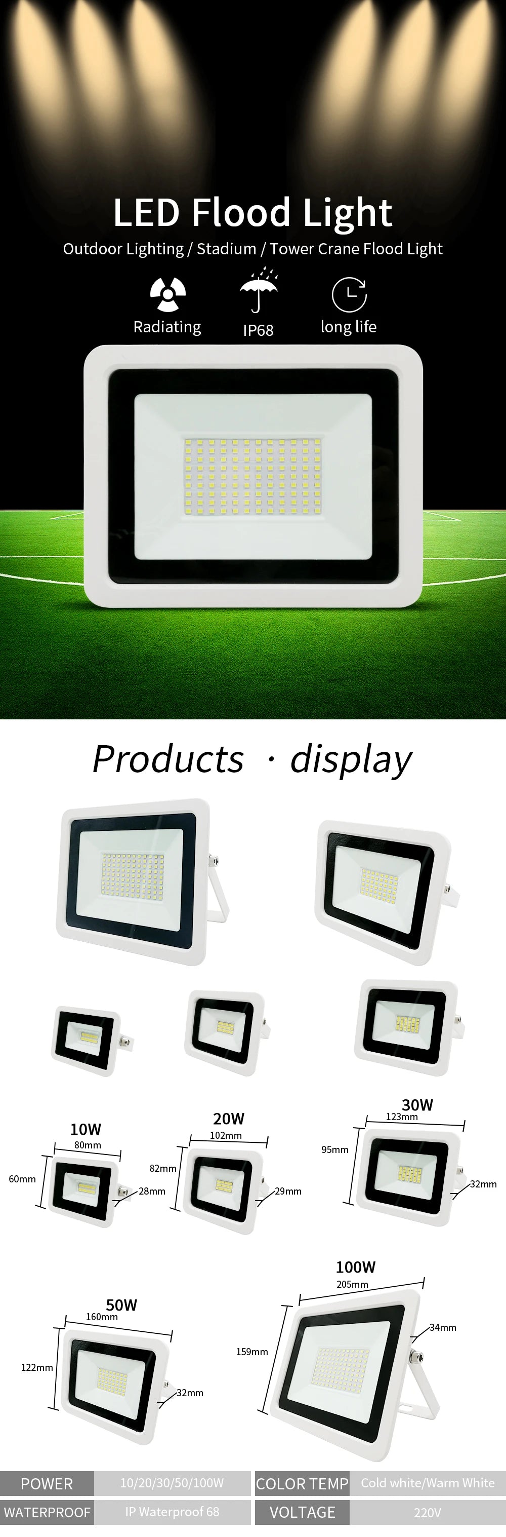 LED Flood Light 100W 50W 30W 20W 10W AC 220V Outdoor IP68 Waterproof Reflector Spotlight Street Light Wall Lamp Garden Lighting