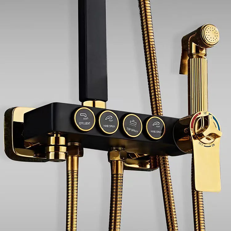 HUBEN Black Gold Button Stainless Steel Ceramic Thermostatic Metered Faucets Single Handle Rainfall Chrome Pressurized Shower