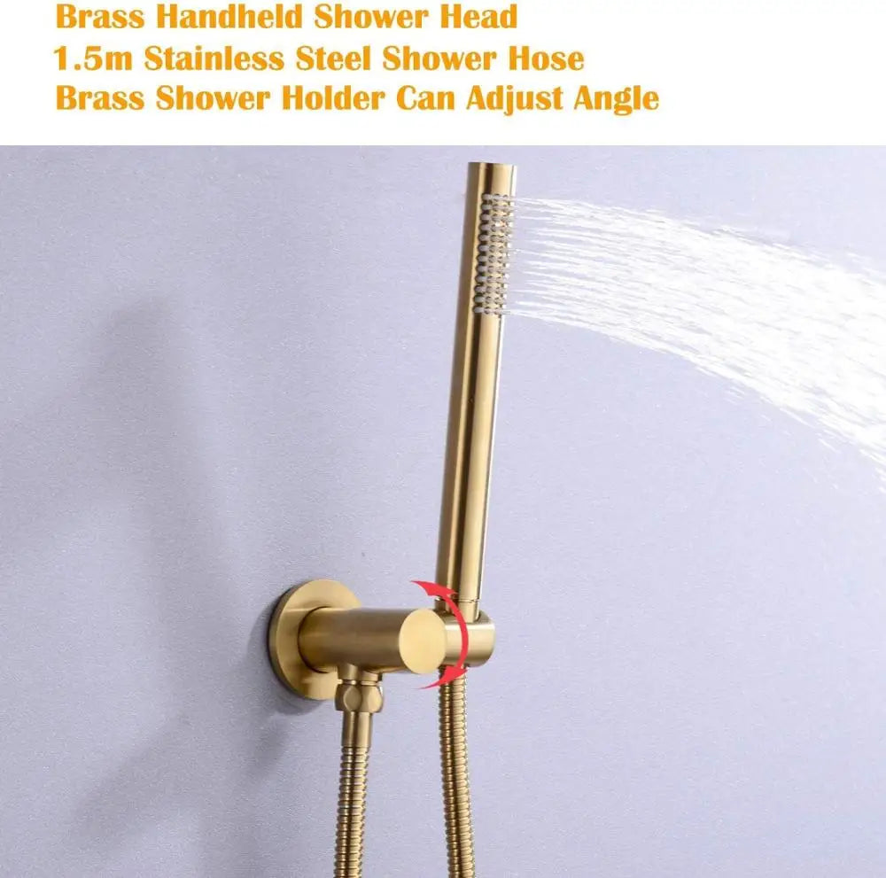 16inch Round Bathroom Luxury Rain Mixer Combo Set Wall Mounted Rainfall Shower Head System Brushed Gold Shower