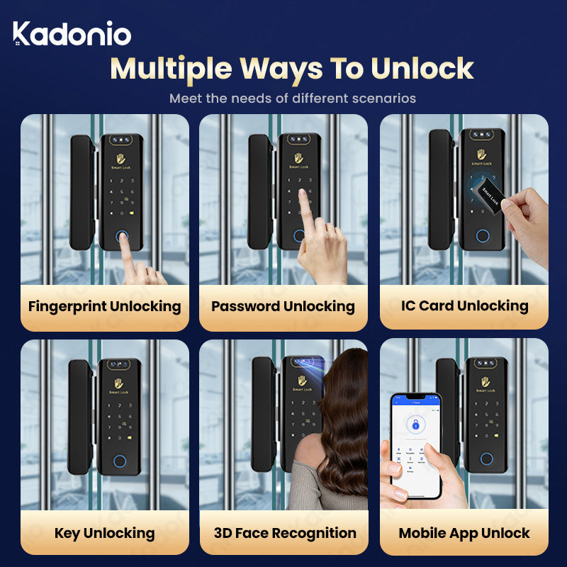 Kadonio Intelligent 3D Face ID Office Electronic Biometric Fingerprint Keyless Digital TTLock APP Smart Sliding Glass Door Lock