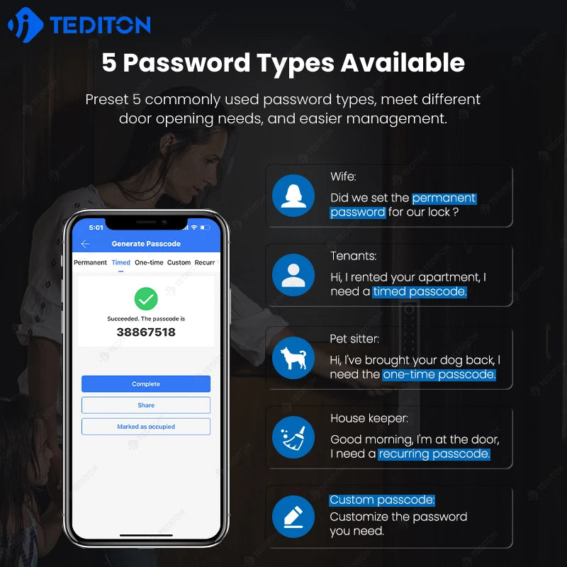 Tediton TTlock Outdoor Sliding Push and Pull Smart Lock Hotel Security Door Lock Smart Locks for Exterior Doors