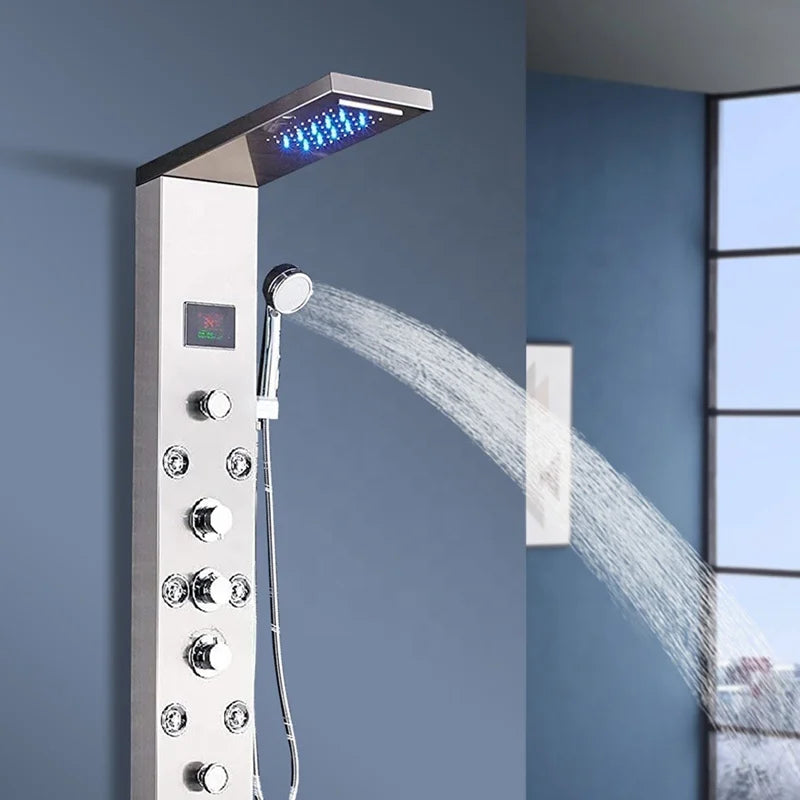 Shower Panel Bathroom Wall Mounted Stainless Steel Waterfall Shower Column Set Massage Jets Led Shower Panels Duchas Columna