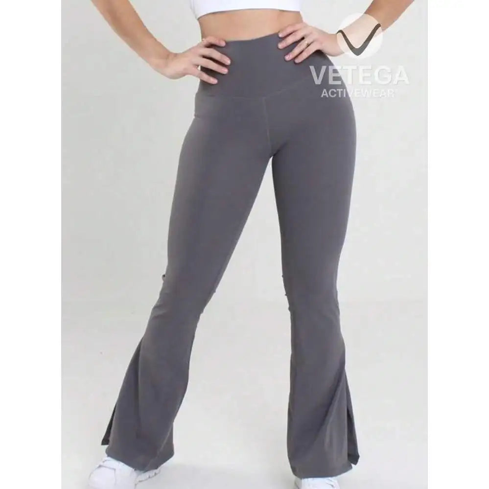 High Waisted Flared Yoga Leggings Side Slit Gray Seamless Stretch Woven Fabric Women's Pants Long Length Elastic Waist