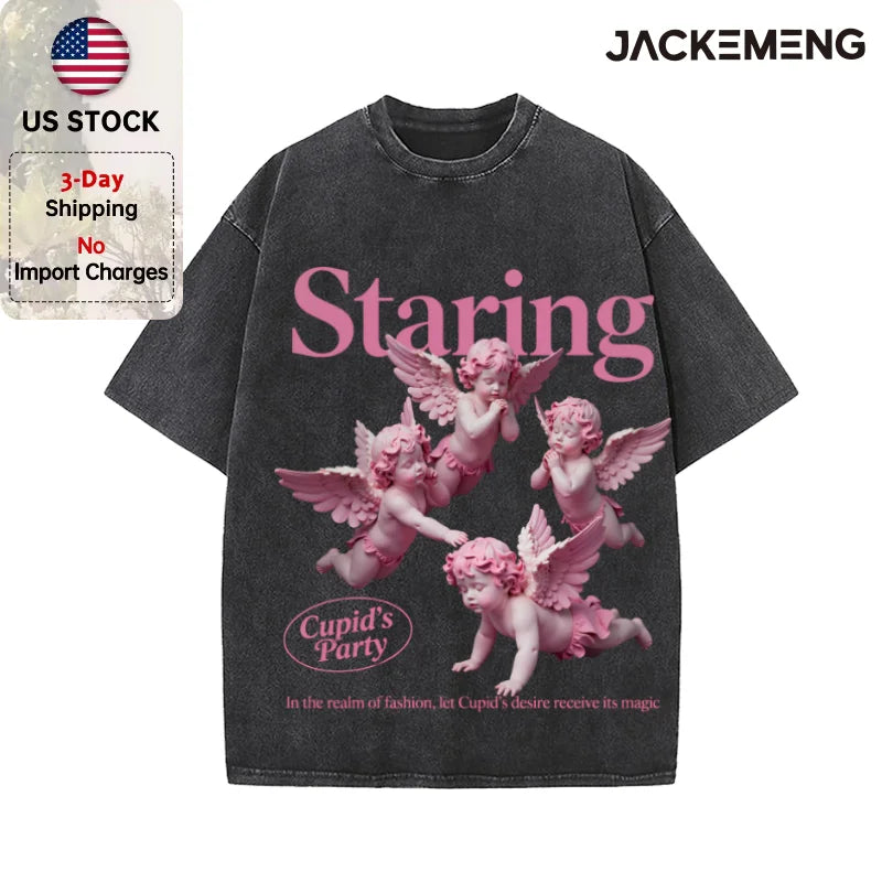 Oversized Vintage Retro Angel Art Streetwear Print Tshirt USA Stock Wholesale Y2K Casual Tee