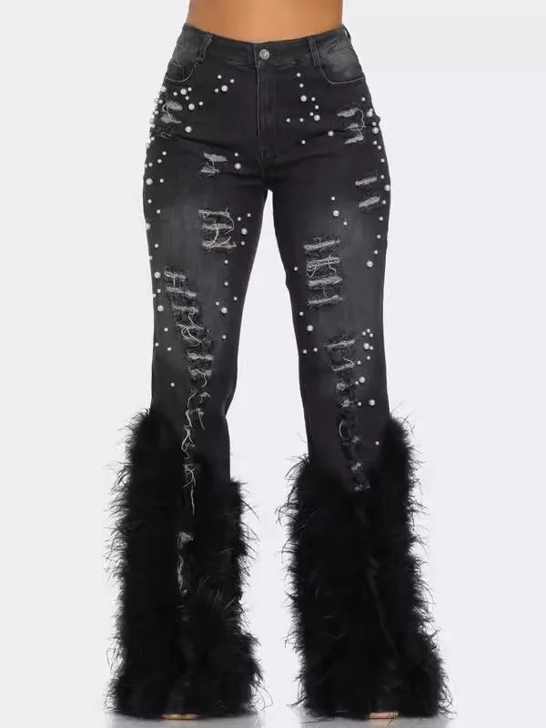 BR4580 New All-Match High Waist Distressed Pearl Embellished Feather Jeans Women